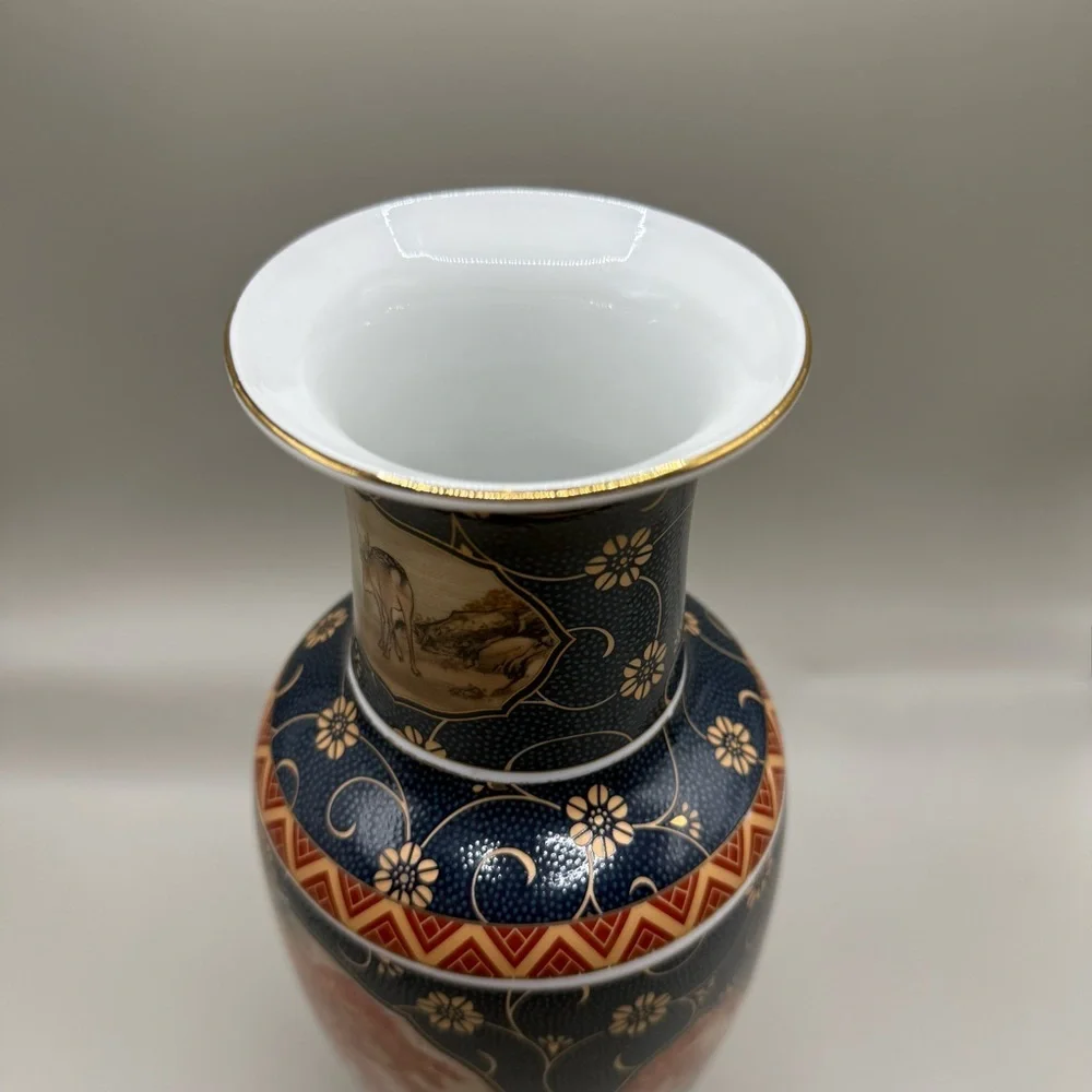 Japanese Style Fall Deer Blue Porcelain Decorative Ceramic Vase 10” Tall